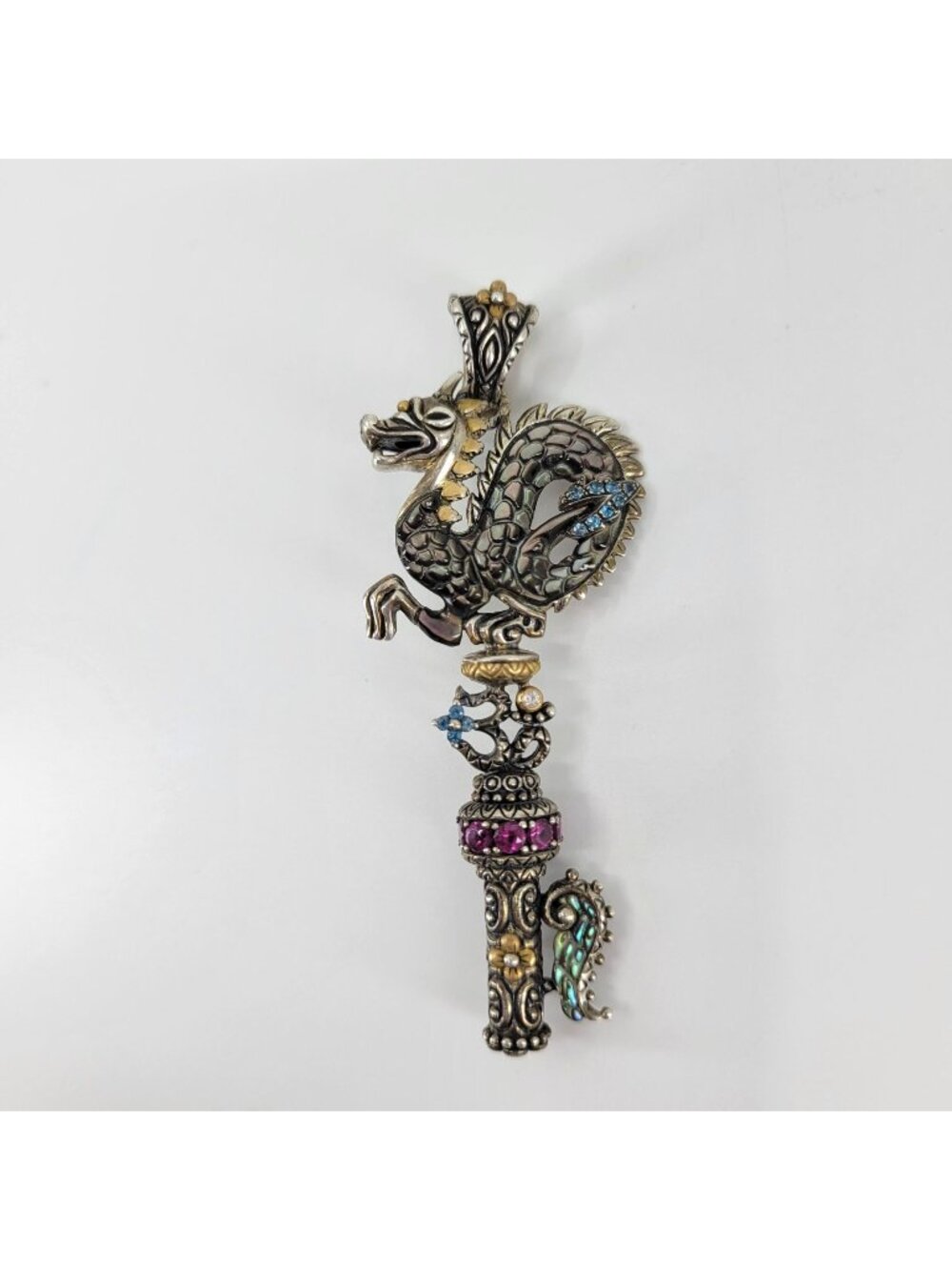Barbara Bixby Dragon Pendant 925 Sterling 18K Key Multicolored Gemstones Signed